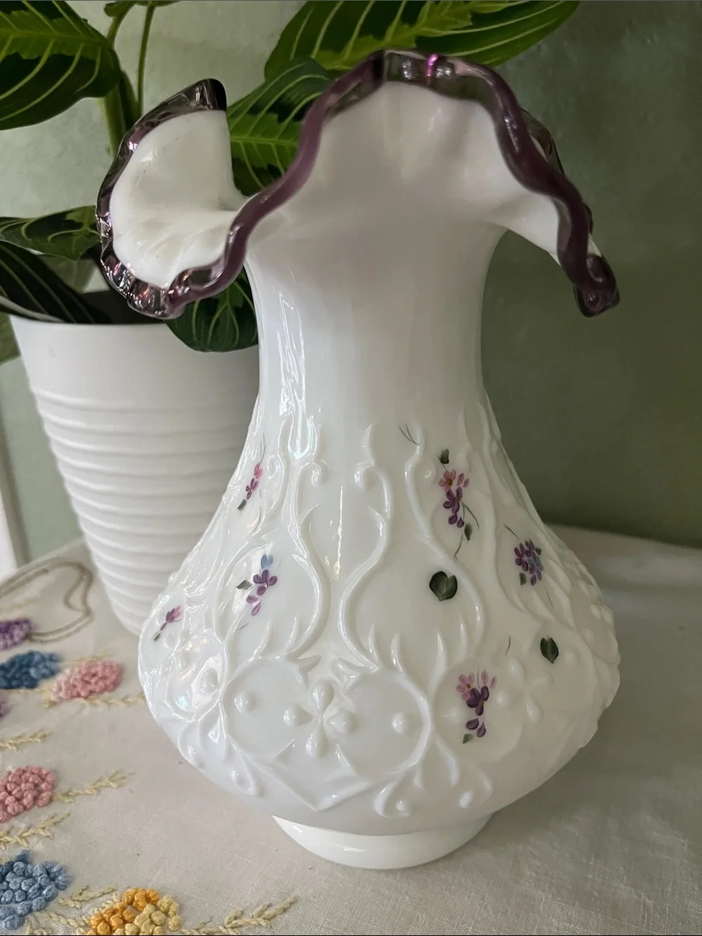 Vintage Fenton Violets in the Snow Amethyst Crest Spanish Lace Vase Signed